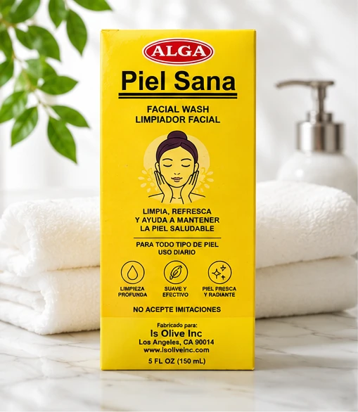 Limpiador facial Alga Piel Sana en un ambiente de baño luminoso