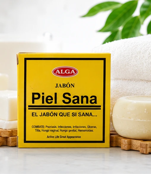 Jabón Alga Piel Sana junto a toallas y jabón